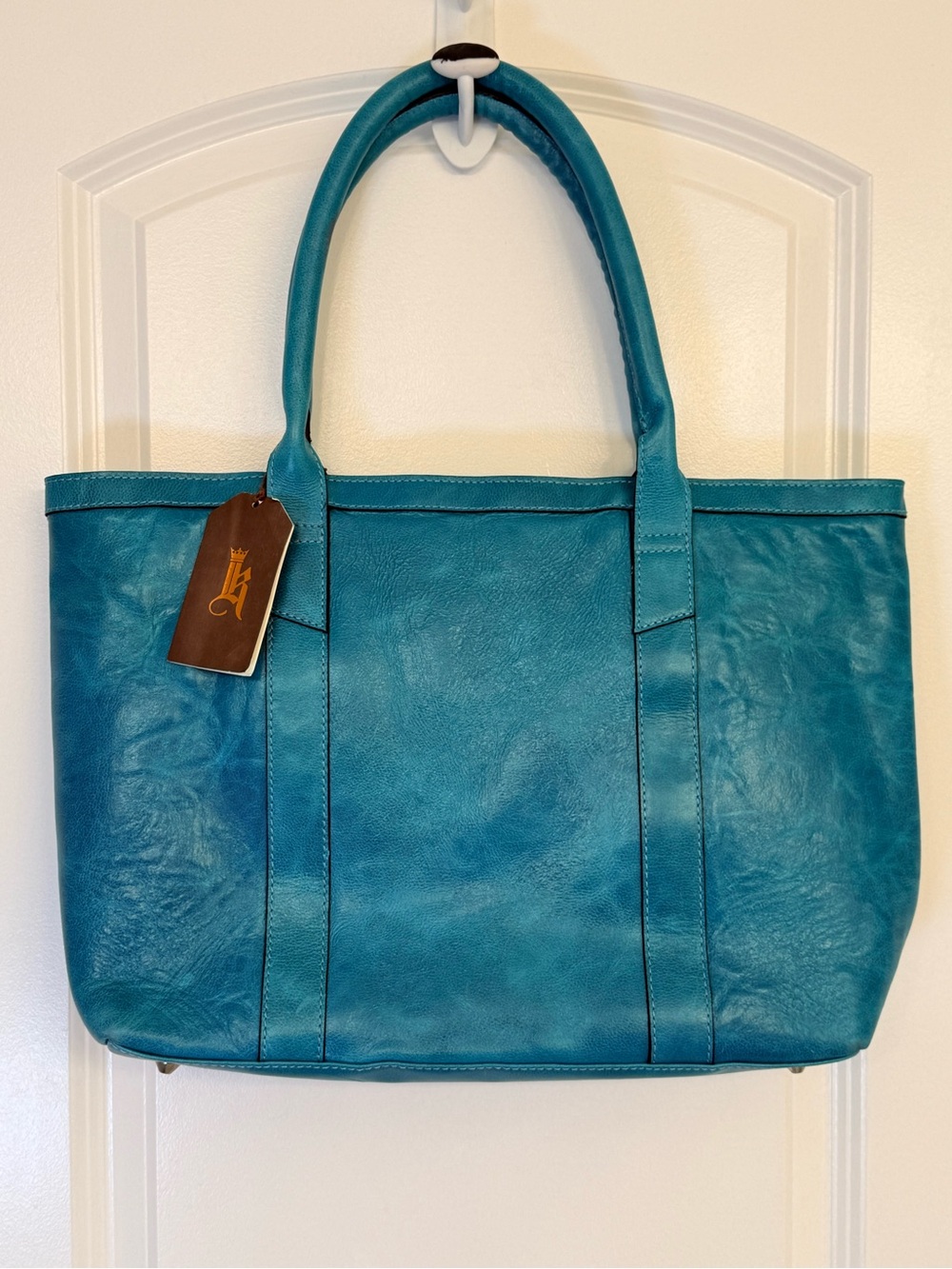 Links & Kings Leather Tote Bag Turquoise Teal Blue Large Shopper 80735 NWT